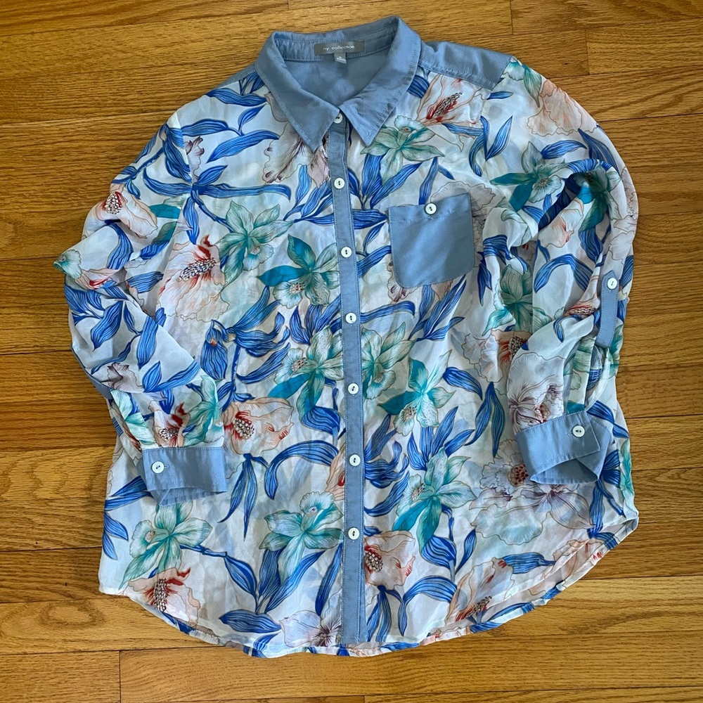 NY Collection Button Up Shirt Women’s XL Floral Sheer - Flaw on Collar
